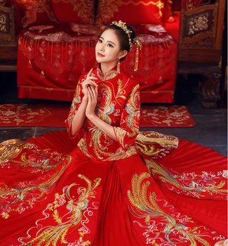 

Bride Embroidery Cheongsam Vintage Chinese Style Wedding Dress Retro Toast Clothing Lady Phoenix Gown Marriage Qipao red Clothes