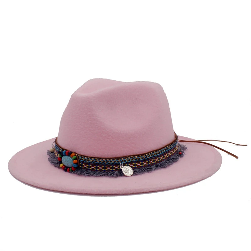 Модная шерстяная фетровая шляпа для женщин и мужчин, с кисточкой, богемная лента для элегантной леди, джаз, церковь, Крестный отец, шляпы сомбреро - Цвет: Pink