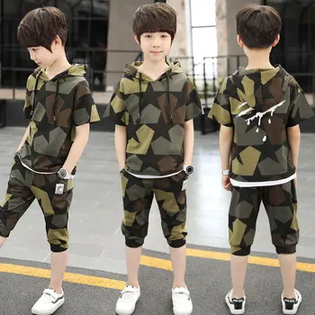 

Boy Camouflage Set 2018 Summer New Fashion Hooded Cotton Children's clothing Summer Child Boys Two-piece