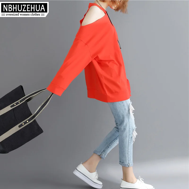 Nbhuzehua F25 2018 осень Для женщин футболка 3XL 4XL 5XL Harajuku плюс размер топ с открытыми