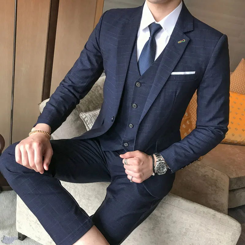 

( Jacket + Vest + Pants ) 2018 Spring New Men's Wedding Suit Fashion Business Casual Striped Suit Jacket