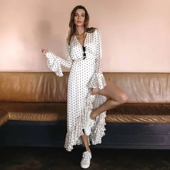 

BOHOFREE V Neck Ruffles Wrap Body Maxi Hippe Dresses Bohemian Street Fashion Polka Dot Print Vestidos Female Casual Dress White