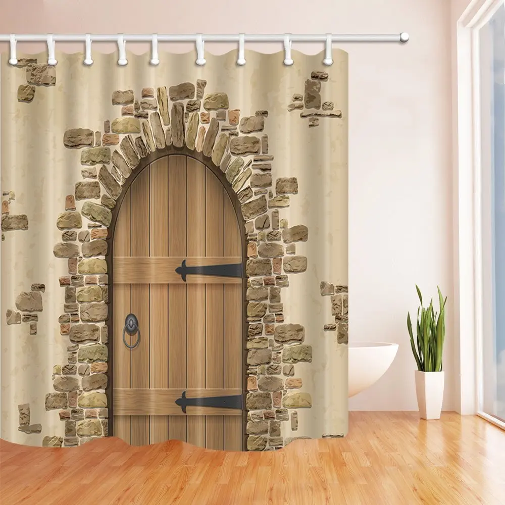 

Arch of Stone with Closed Wooden Door to the Wine Cellar Shower Curtain Mildew Resistant Polyester Fabric Bathroom