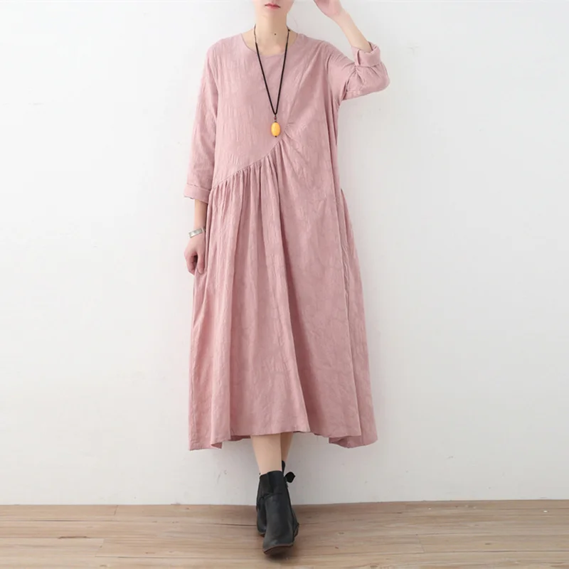 

Women Cotton Linen Loose Large Size Dresses New Spring Patchwork Solid Color O-Neck Pullover Long Dresses