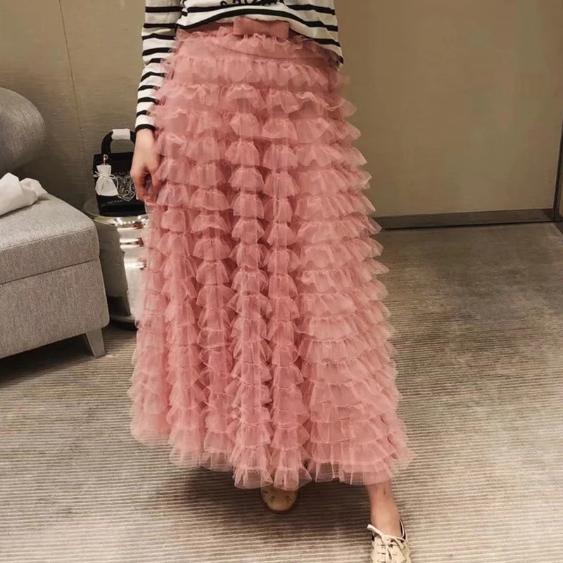 

Luxury 2019 Spring Women Ruffles Mesh Ankle Length Cake Skirts Girls Sweet Silk/Chiffon Lining Skirt Pink Black Red Jc2827