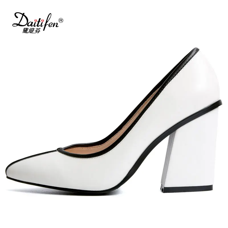 

Daitifen Genuine leather Womens shoes high heel pumps women Work shoes 2018 NEW thick heel square toe shoes woman high heels