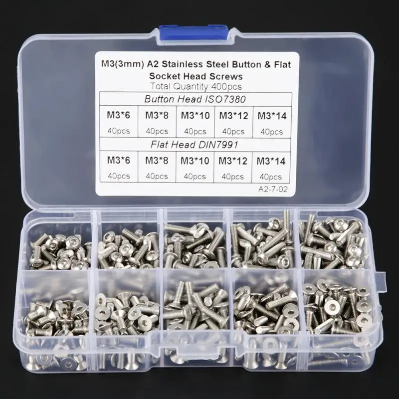 400pcs/set M3 Screws 304 Stainless Steel Pan And Flat Head Hex Socket Bolts Set Fastener Hardware with Box | Обустройство дома