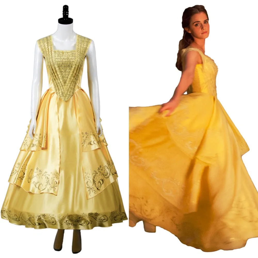 Adult 2017 Movie Beauty and the Beast Belle Emma Cosplay Costume Yellow Gown Dress Halloween Carnival Party Fancy Dress