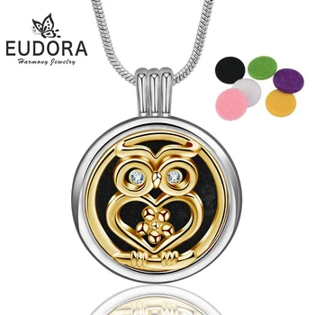 

EUDORA Copper 20mm Aroma Diffuser Owl Lockets CZ Pendant Perfume Essential Oil Aroma Lockets fashion Necklace With 6pcs Pad X68