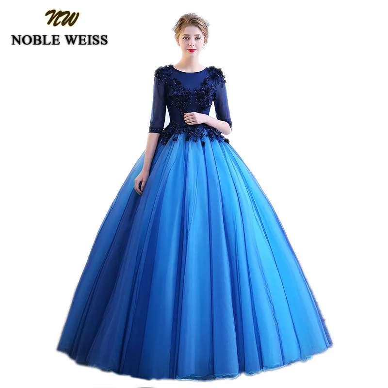 

NOBLE WEISS Royal Blue robe de soiree Puffy Tulle Ball Gown Prom Dresses With Half Sleeves New Sweet 16 Pageant Gowns Hot Sale