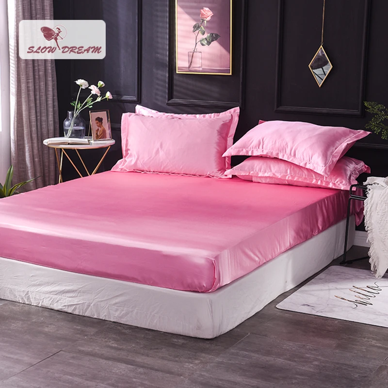

Slowdream 1 Piece Wholesale Luxury 100% Silk Pink Fitted Sheet Elastic Band Mattress Cover Queen King Bed Sheets For Women Men