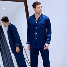 Для мужчин Айс шелковый атлас большой размер, сатиновый Досуг пижамы Длинные рукава костюмы Домашняя одежда всех сезонов студентов молодежи ночная рубашка J024