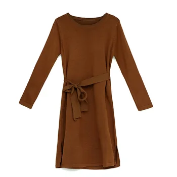 

new autumn winter long sleeve knitting women long sweater dress with belt basic clothes slim clothing o neck solid color
