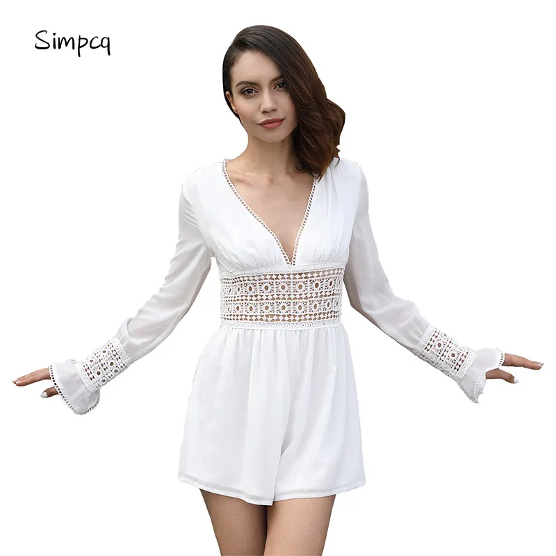 Simpcq Sexy V-Neck Summer Stylish Women's Jumpsuit Chiffon Hollow Out Black Short Playsuit Elegant Flare Long Sleeve Overalls 
