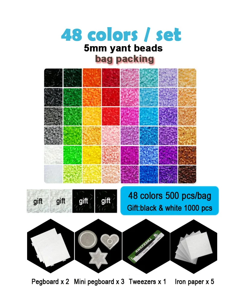 Yantjouet 5 мм Yant Beads комплект 48 цветов/комплект OPP сумка черный белый для ребенка Хама тесьма Diy Пазлы высокое качество подарок детская игрушка