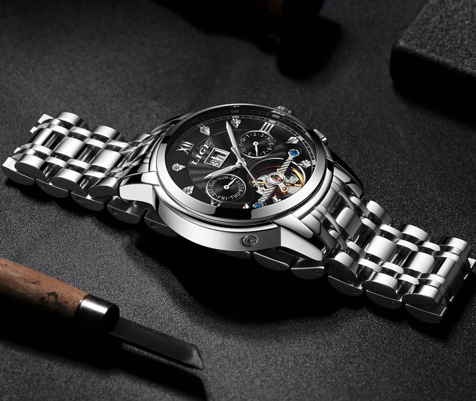LIGE Men luxury Automatic Mechanical Watch Classic Business Watch Men Tourbillon Waterproof Men Wristwatch Relogio Masculino+Box