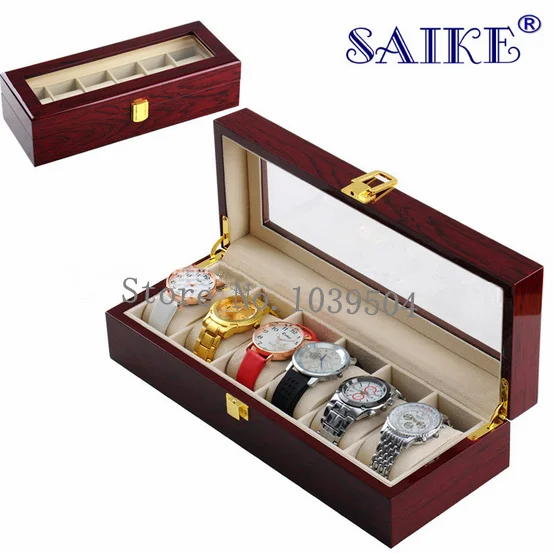 

New 6 Grids Watch Display Box Red High Light Lacquer MDF Watches Organizer Fashion Watch Case 6 Storage Gift Box With Window