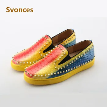

Luxury Snakeskin Brand Rivets Mens Shoes Multi Rainbow Slip-on Studs Flats Casual Leather Shoes 2018 Man Large Size47 Zapatillas