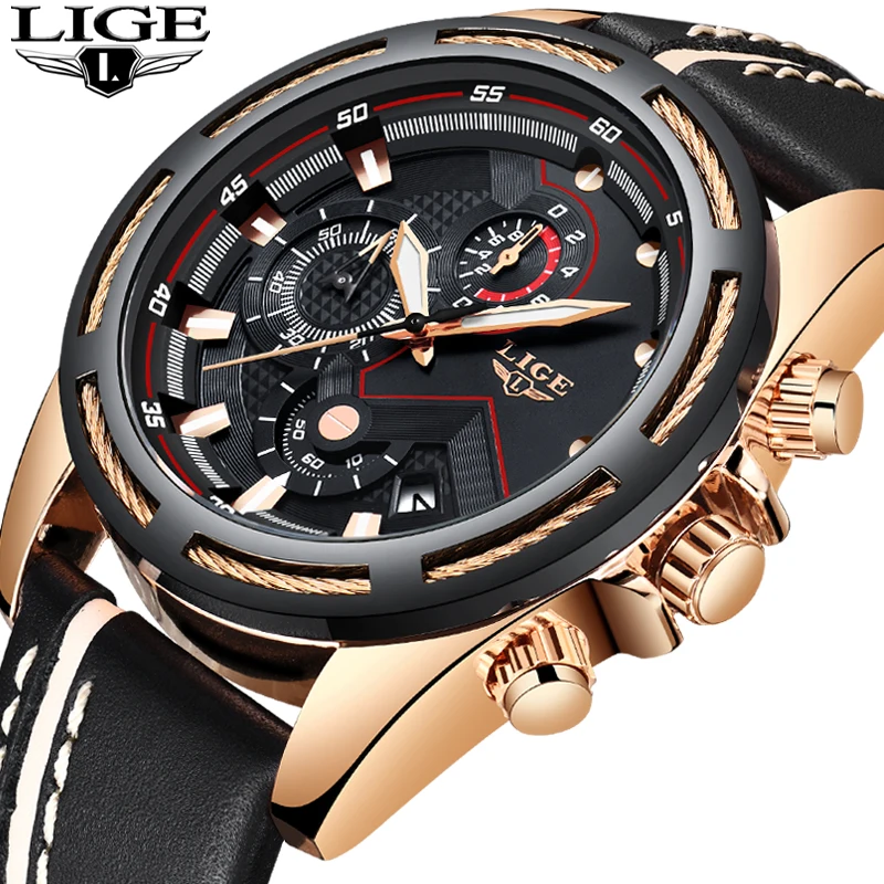 

LIGE Watch Men Fashion Sport Quartz Clock Leather Mens Watches Top Brand Luxury Gold Waterproof Business Watch Relogio Masculino