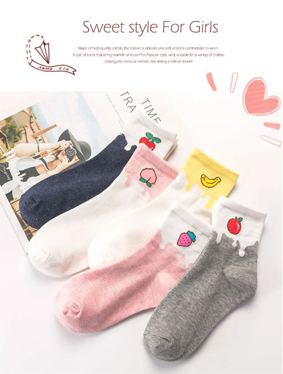 New Product Fresh Cartoon Color Matching Fruit Peach Strawberry Cherry Lady Tube Fashion Cotton Sock Sweet Casual Female Socks (1)