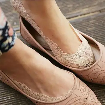 

Summer Women Girl Cotton Lace Antiskid Invisible Liner No Show Peds Low Cut Socks Goody Non-slip Slippers Anti-Slip Sock