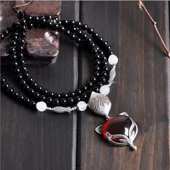 

S925 solid silver long sweater chain vintage garnet crystal small fox pendant necklace female