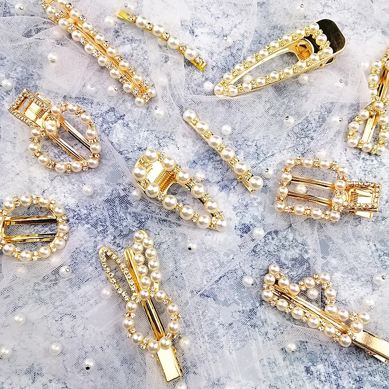 

New Fashion Pearl Hair Clips Folders for Women Vintage Crystal Clips Rabbit Headwear Geometry Round Simple Alloy Duckbill Clip