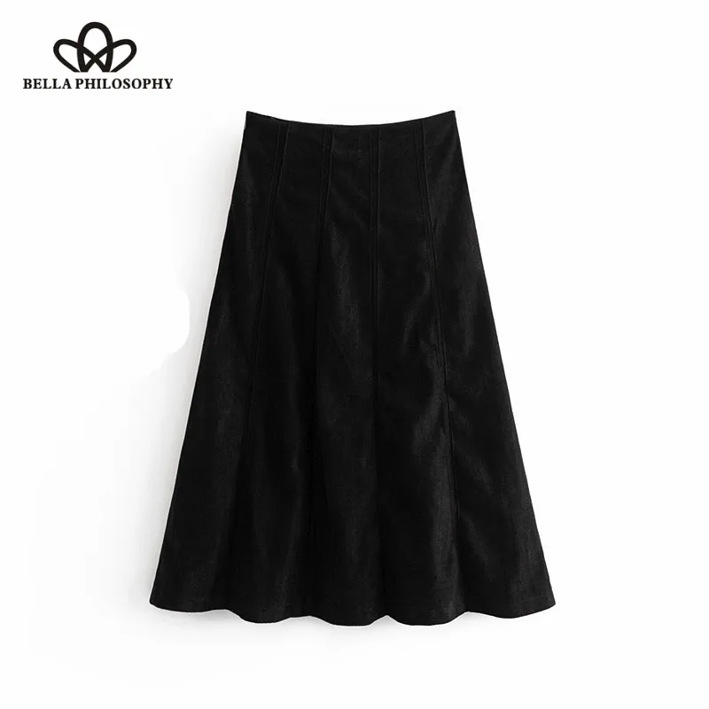 Wonder 2018 new Vintage Piping Detail Faux Suede Midi Skirt  A Line Side Zipper Streetwear Ladies Skirts Casual Faldas Mujer