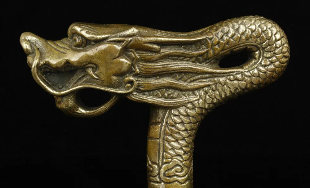 Superb China Old Handwork Bronze Dragon Statue Cane Head Walking Stick