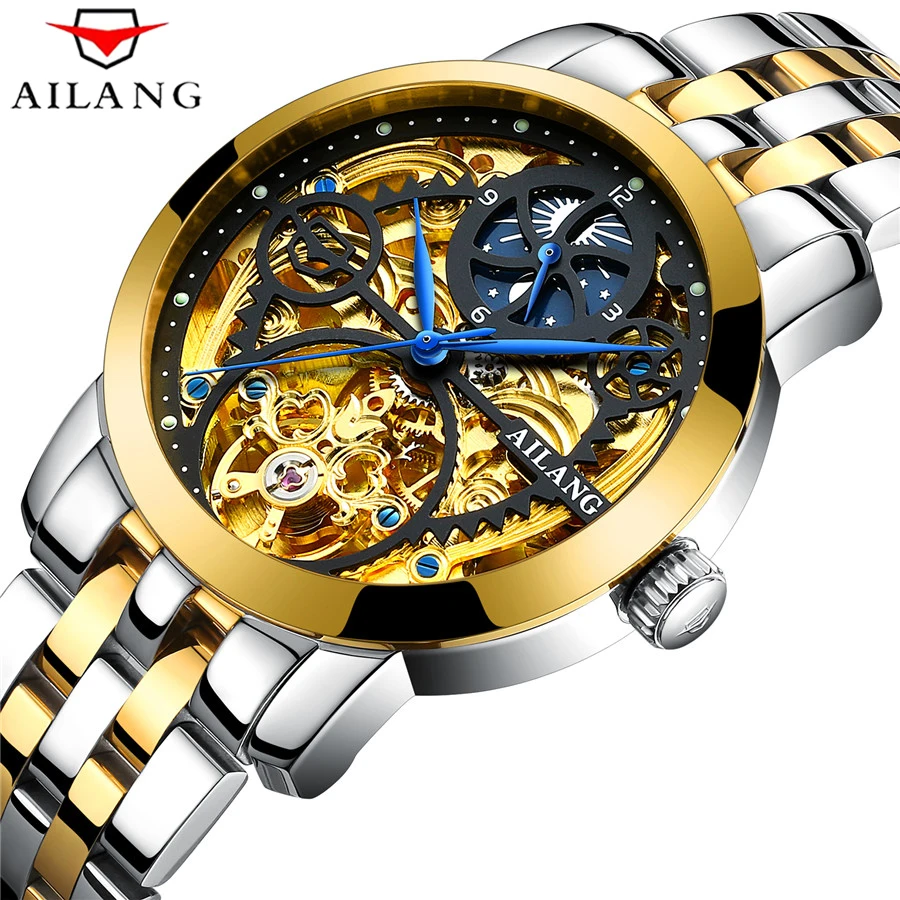 

AILANG Forsining Top Brand Luxury Steampunk Gear Transparent Case Automatic Watch Gold Stainless Steel Skeleton Luxury Men Watch