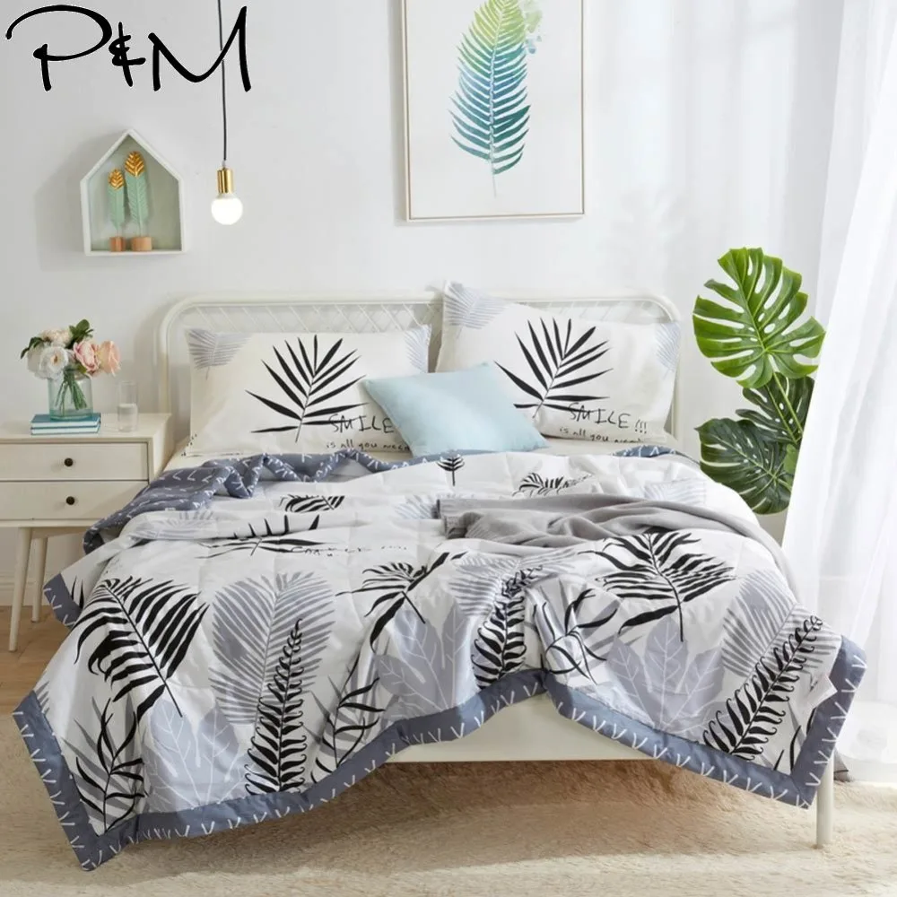 

2019 Pastoral Grey Leaves Quilt Cotton air-condition Quilted Thin Comforter Summer Throws Blanket Twin Full Queen Size