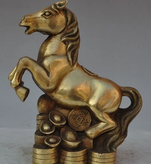 

9"chinese brass fengshui zodiac animal Success horse wealth yuanbao money statue