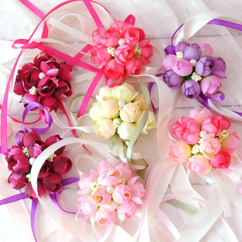 

Bridesmaid Creative Artificial Wristband Bracelet Curtain Band Wrist Flower Rose Silk Ribbon Hand Decor Bride Flowers Wedding