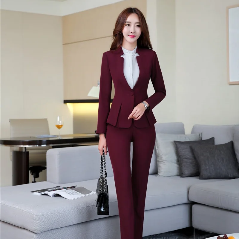 Fashion Wine Slim Formal Professional Uniform Blazers Jackets Pants ...