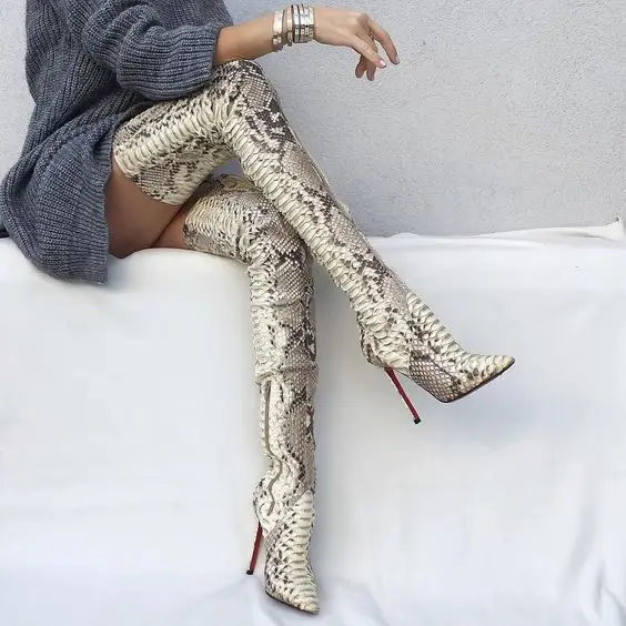 

F.N.JACK Women Shoes Sexy Ladies Python Thigh High Boots Pointy Toe Over The Knee High Heels Snake Leather Zip Women Boots