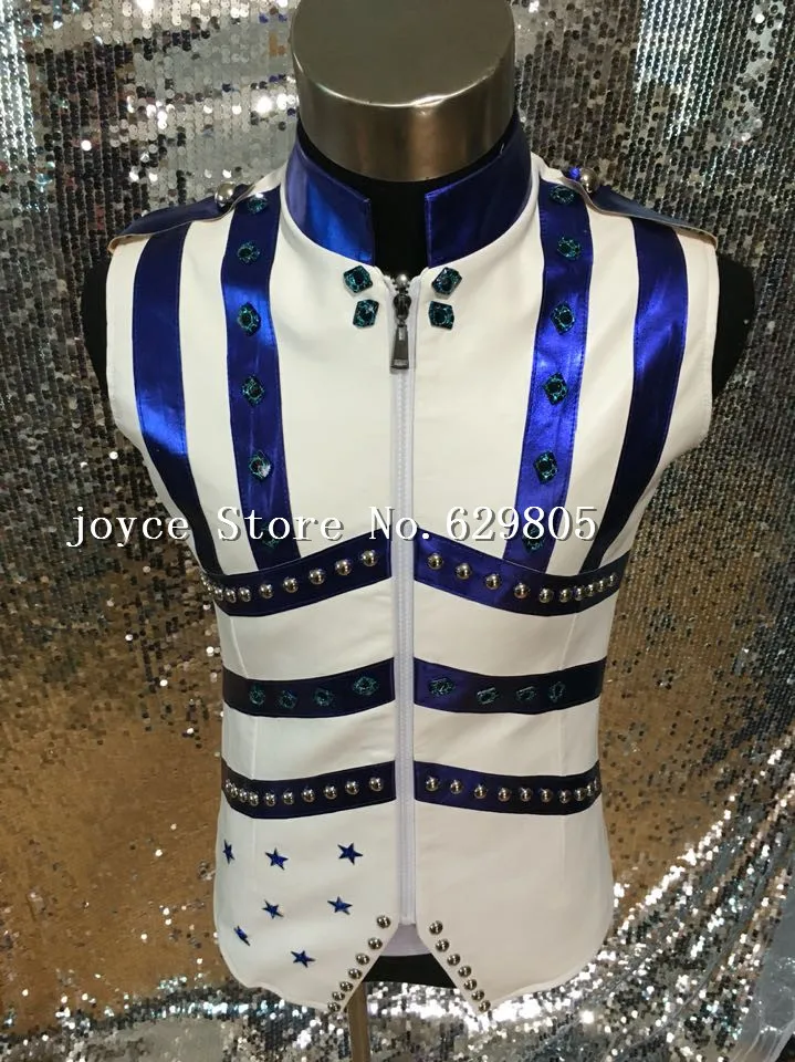 

Hiphop Jazz White Zipper Blue Leather Vest Jacket Male Singer outfit Costume Rhinestone Punk Ds Dj Outerwear Nightclub Clothing