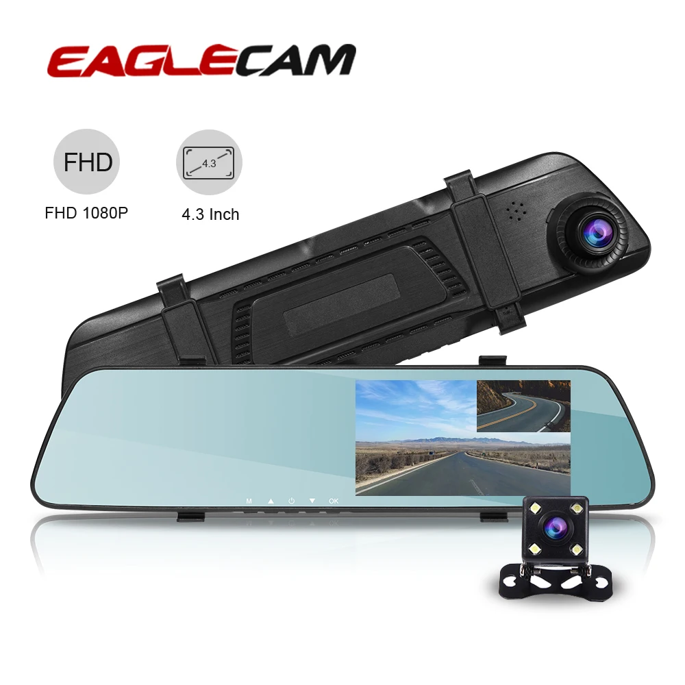Full HD 1080P Dash Cam Car Dual Lens Two Camera Dvrs 4.3 Inch Mirror