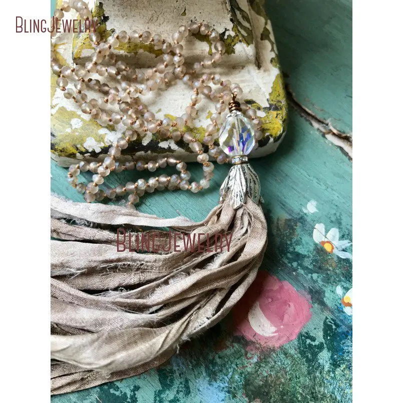 

Shabby Gray Sari Silk Tassel Necklace Vintage Necklace Neutral Crystal Beads Rondelles Knot Beads Necklace NM15574