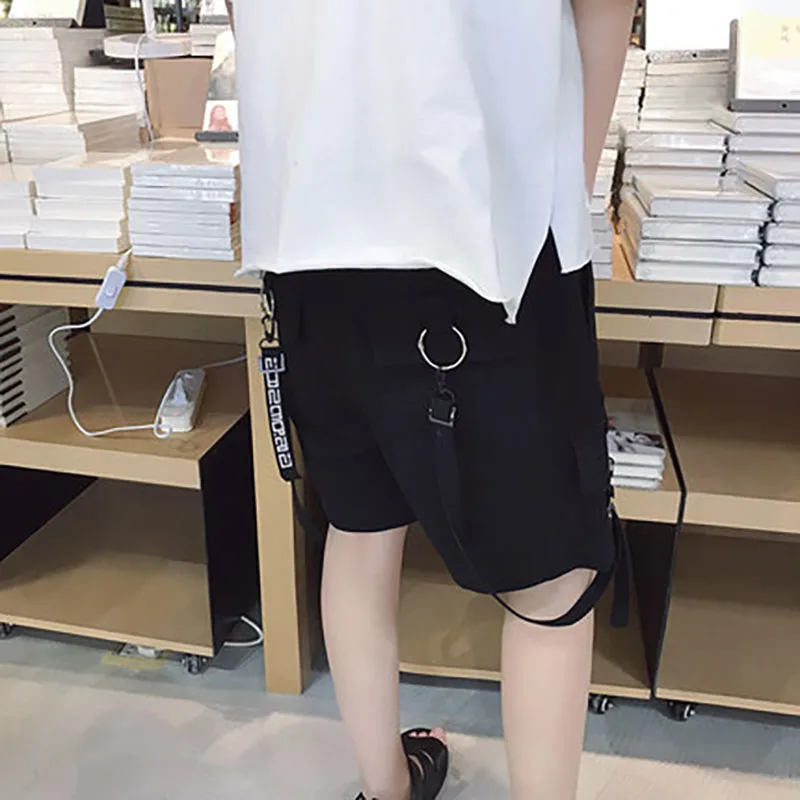 Harajuku Ulzzang шорты мужские уличные карго шорты корейская мода одежда шнурок ленты рабочая одежда мужские свободные шорты