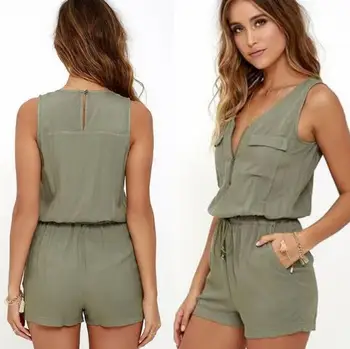 

Sexy Sleeveless bodysuit V-neck zipper pockets playsuit shorts romper summer Fashion beach overalls women jumpsuit