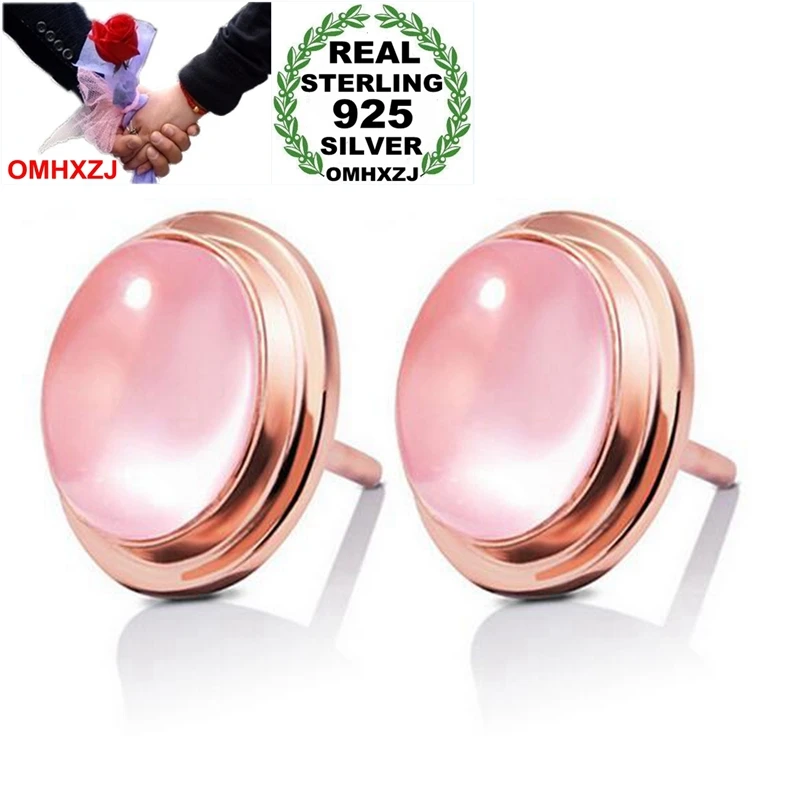 

OMHXZJ Wholesale Sweet Fashion OL Woman Girl Wedding Gift Pink Moon Heart Rose Quartz 925 Sterling Silver Stud Earrings YS355