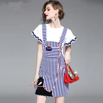 

Presell 2018 New Arrival Women's Clothing Fashion Preppy Style Women's sets T-shirt + Blue Striped Suspender Skirt 2 sets[A151]