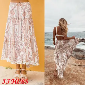 

Vintage Hot Sale Women High-waist Loose Floral Print Boho Long Skirt Lady Summer Casual Comfortable Beach Clothing S-XL