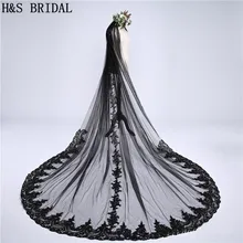 H& S свадебные Черные Свадебные вуали один слой 3 метра кружевная кромка Соборная вуаль Длинная фата невесты Дешевые Veu de Noi longo