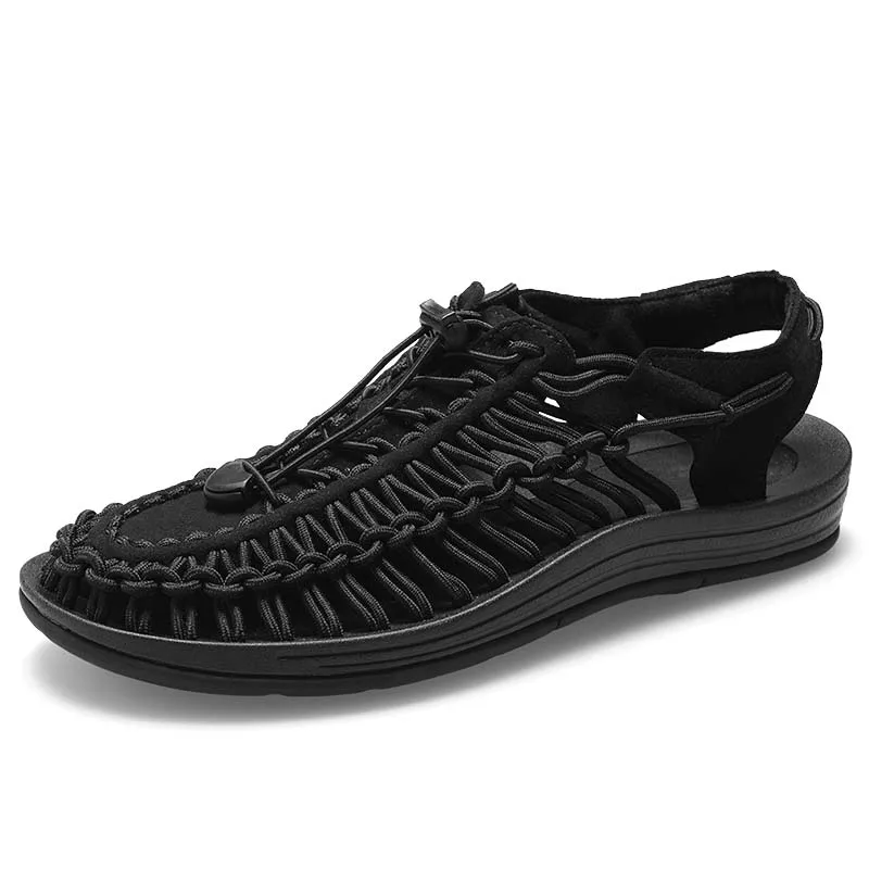 Летний Для Мужчин's сандалии ручной работы ткань приморский пляж человек эластичные сандалии Мужская обувь дизайн в богемном стиле; сандалии, удобная обувь - Цвет: Черный