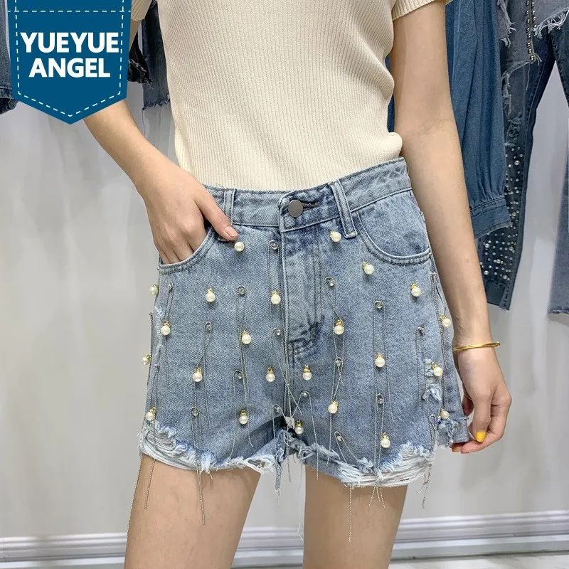 High Street Korean Summer Female Chain Tassel Embroidered Flares Wide Leg Shorts Waist Hole Ripped Fashion Casual | Женская одежда
