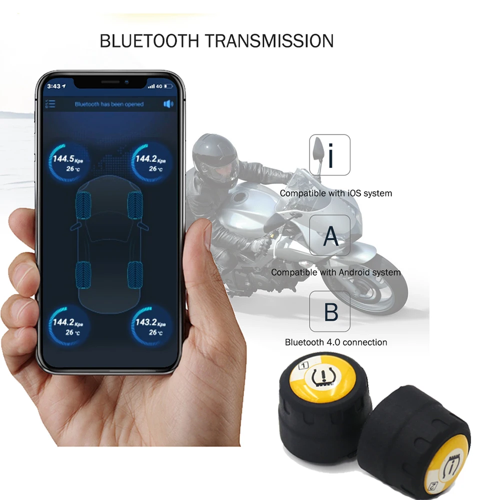 

Bluetooth Motorcycle Tire Pressure Monitoring System APP Mode TPMS 2External Sensors Real-time monitoring Temperature Tyre Alarm