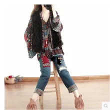 Ретро ткань с вышивкой в национальном стиле, с дырками, повседневный бойфренд, прямой цилиндр, джинсы для завивки, брюки до щиколотки