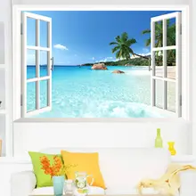 Beach Fake Window Wall Sticker Huge Removable Beach Sea 3D Window View Scenery Wall Sticker Decor Decals DIY