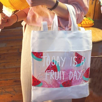 

Girl's Shoulder Bag Fruit Pattern Female Canvas Shopping Bag Transparent Stitching Women Handbag Beach Bag